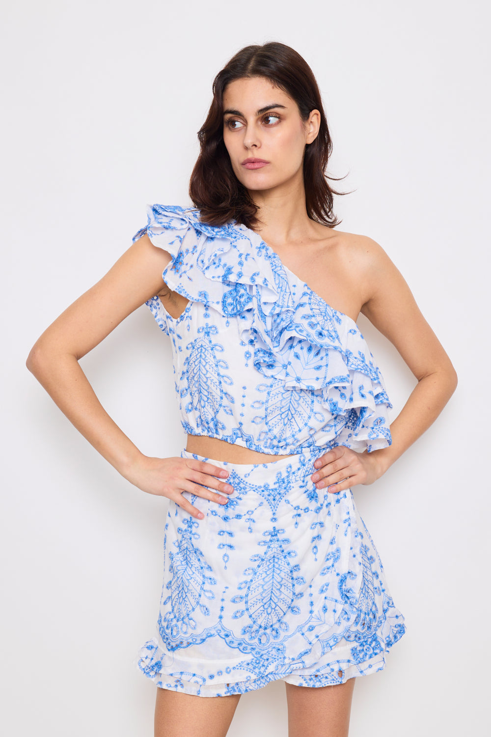 Asymmetrical Ruffled Embroidered Top - 3037