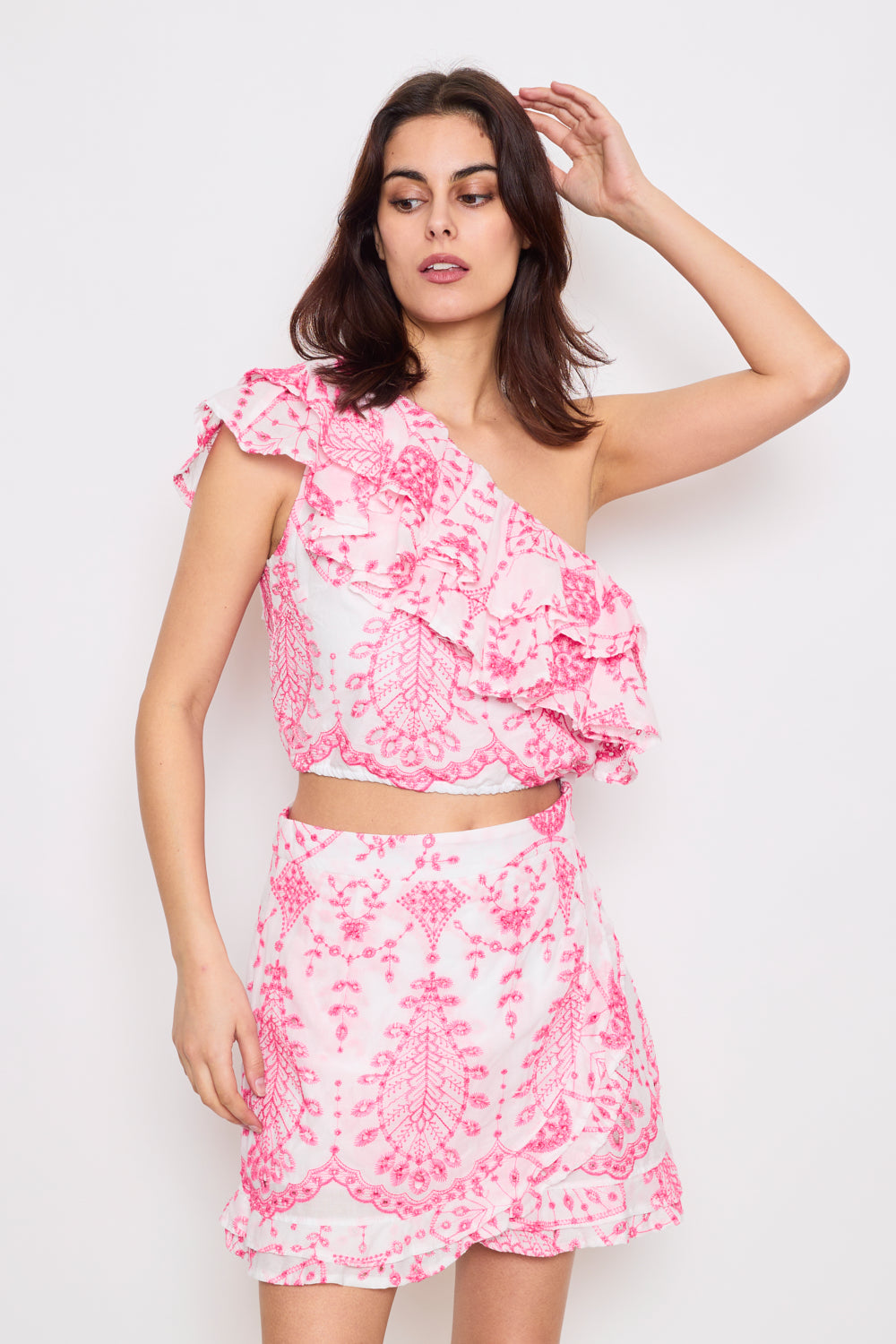 Asymmetrical Ruffled Embroidered Top - 3037