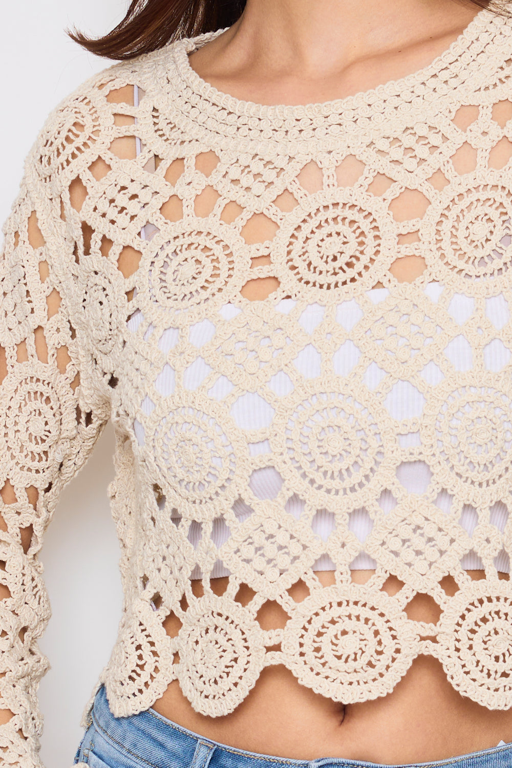 Long Sleeve Crochet Sweater - 2507-CROCHET
