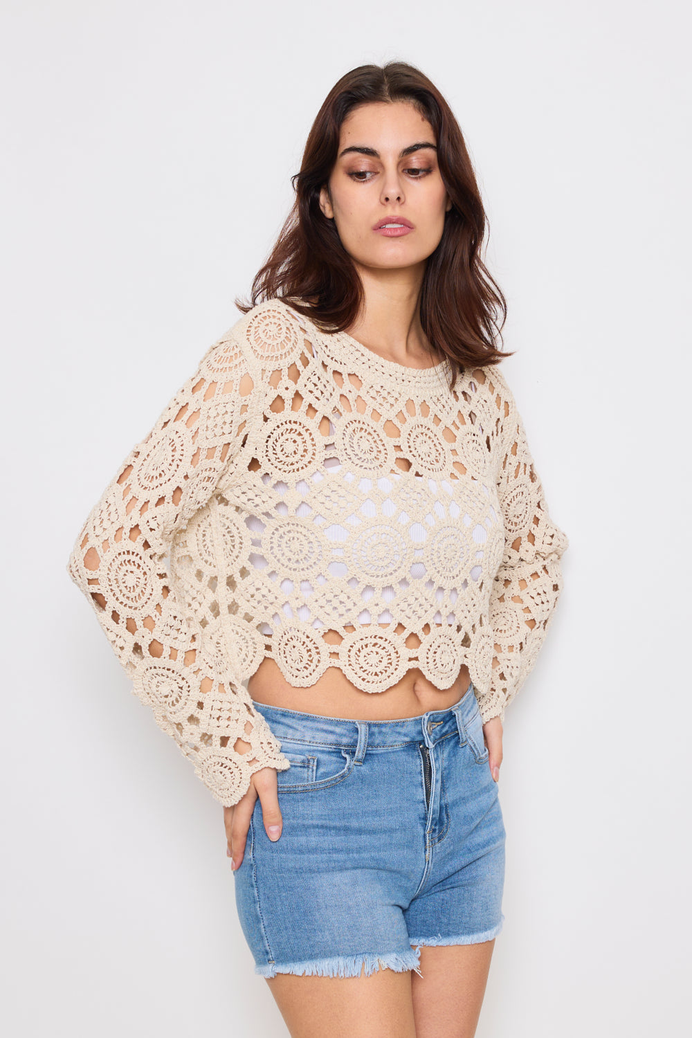 Long Sleeve Crochet Sweater - 2507-CROCHET