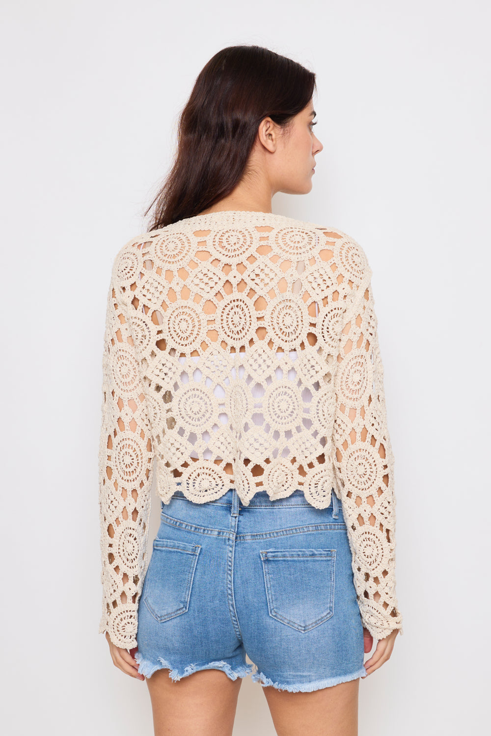 Long Sleeve Crochet Sweater - 2507-CROCHET
