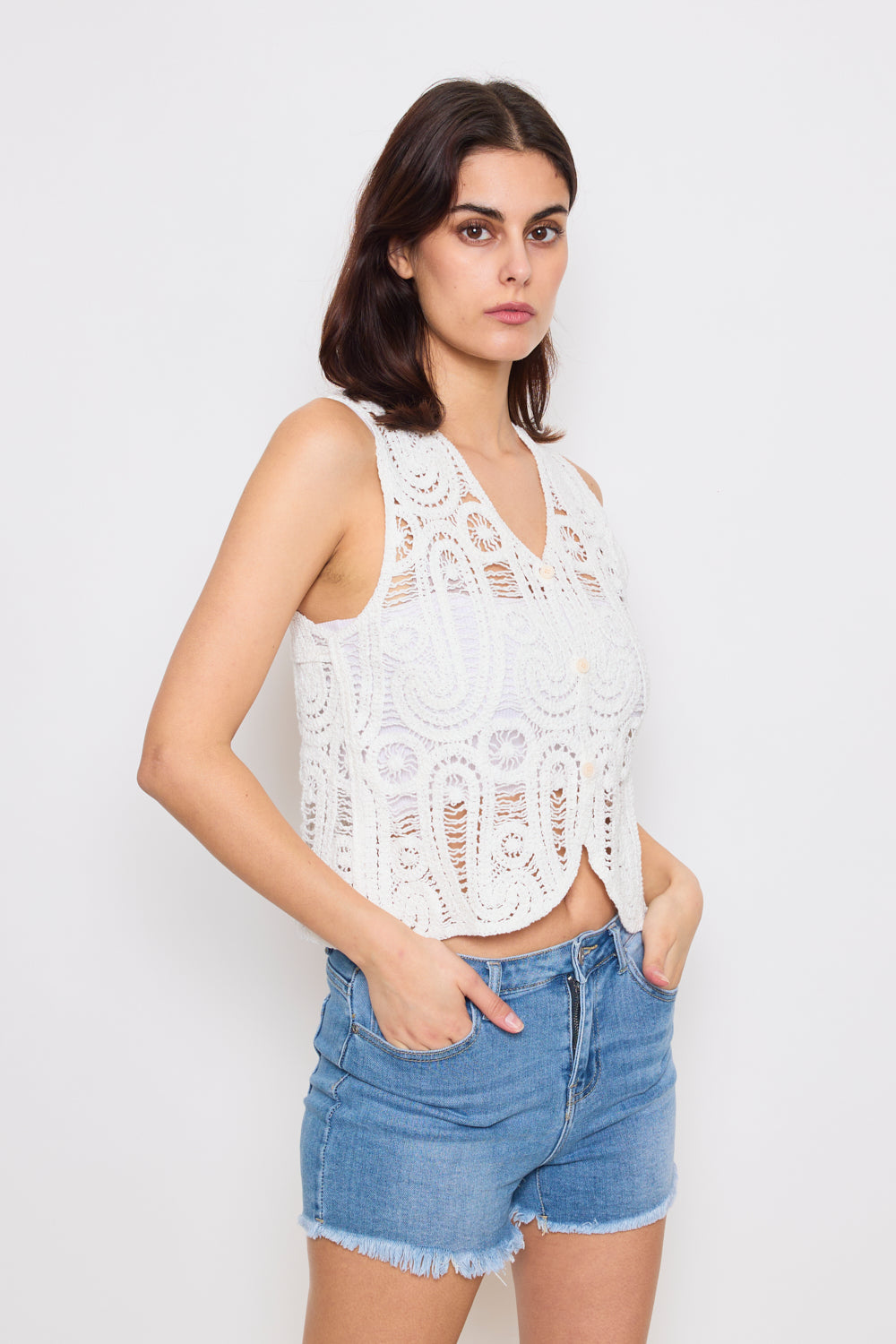 Sleeveless crochet vest with buttons - 2503-CROCHET