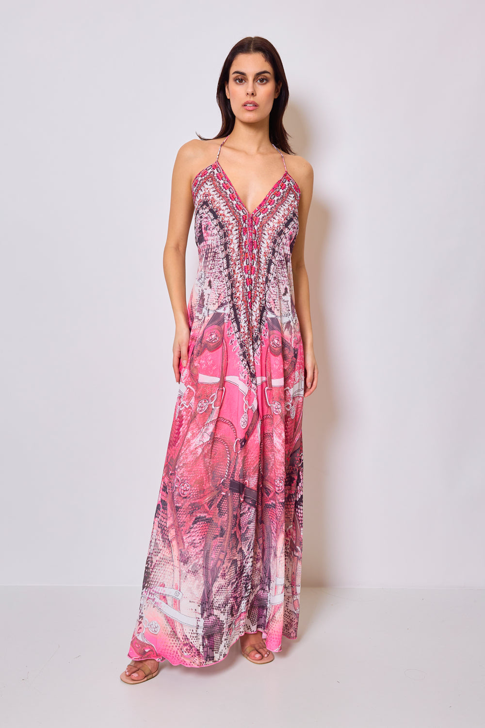 Long printed dress with rhinestones - 5512