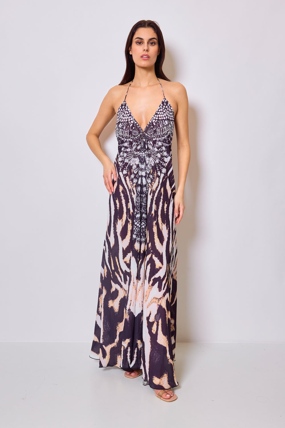 Long printed dress with rhinestones - 5510