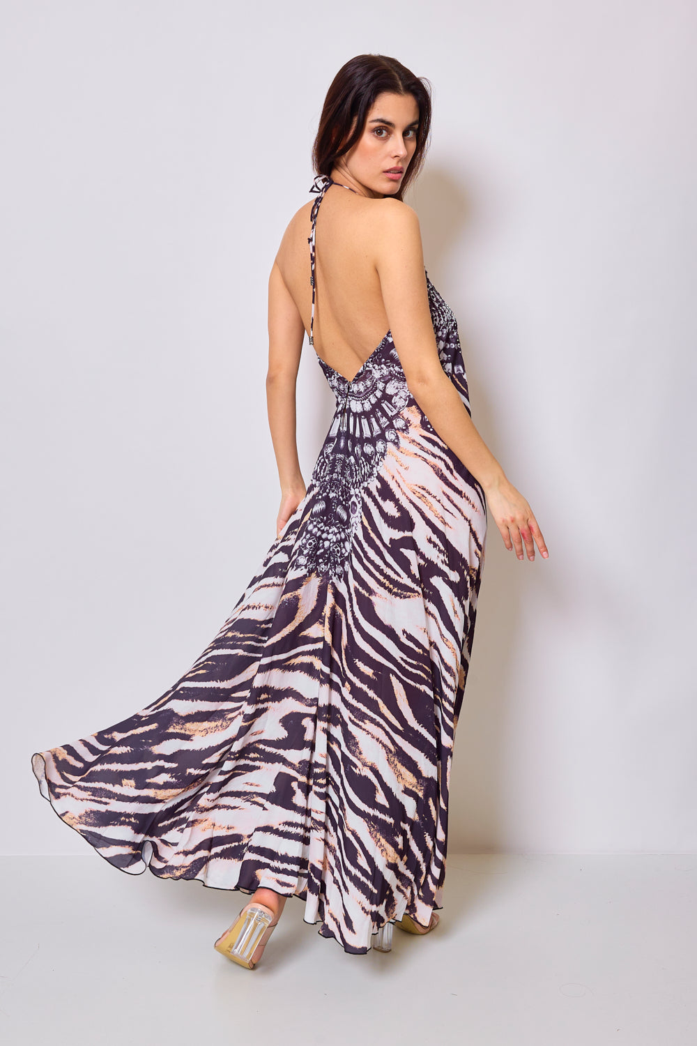 Long printed dress with rhinestones - 5510