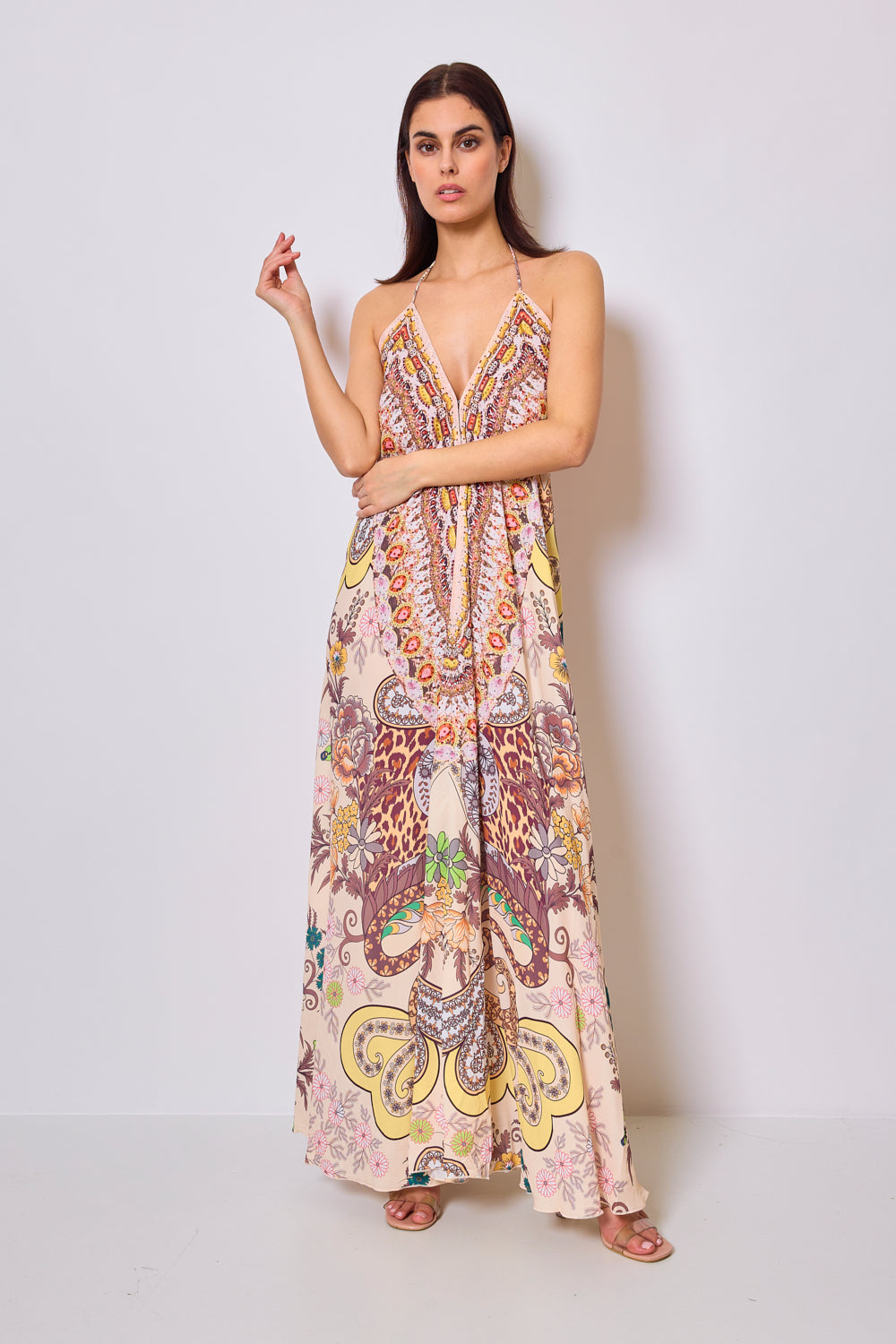 Long printed dress with rhinestones - 5508