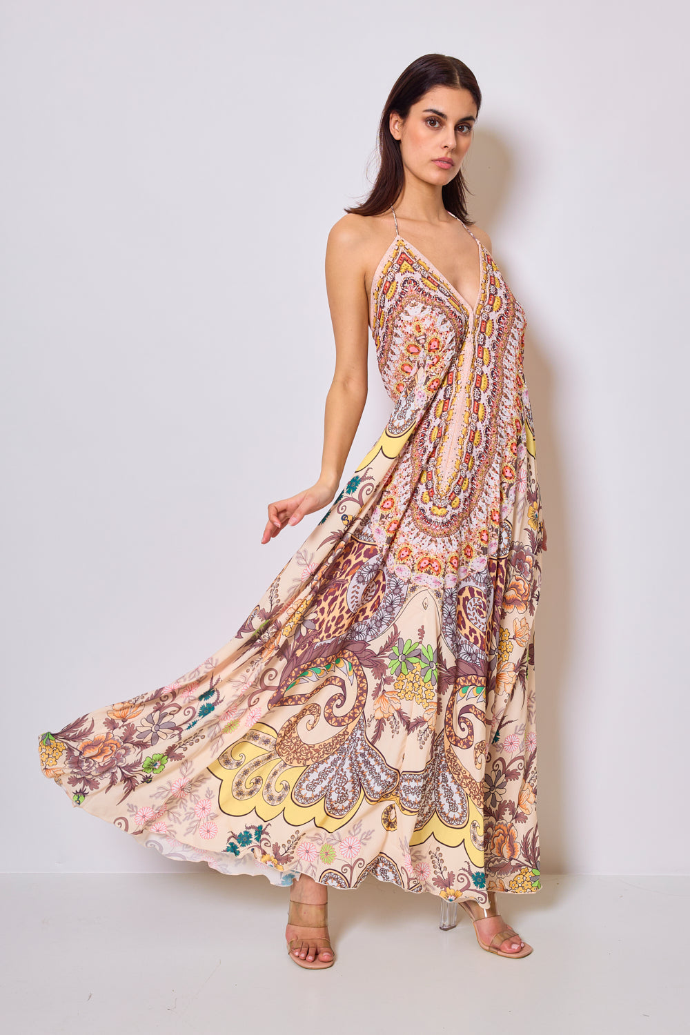 Long printed dress with rhinestones - 5508