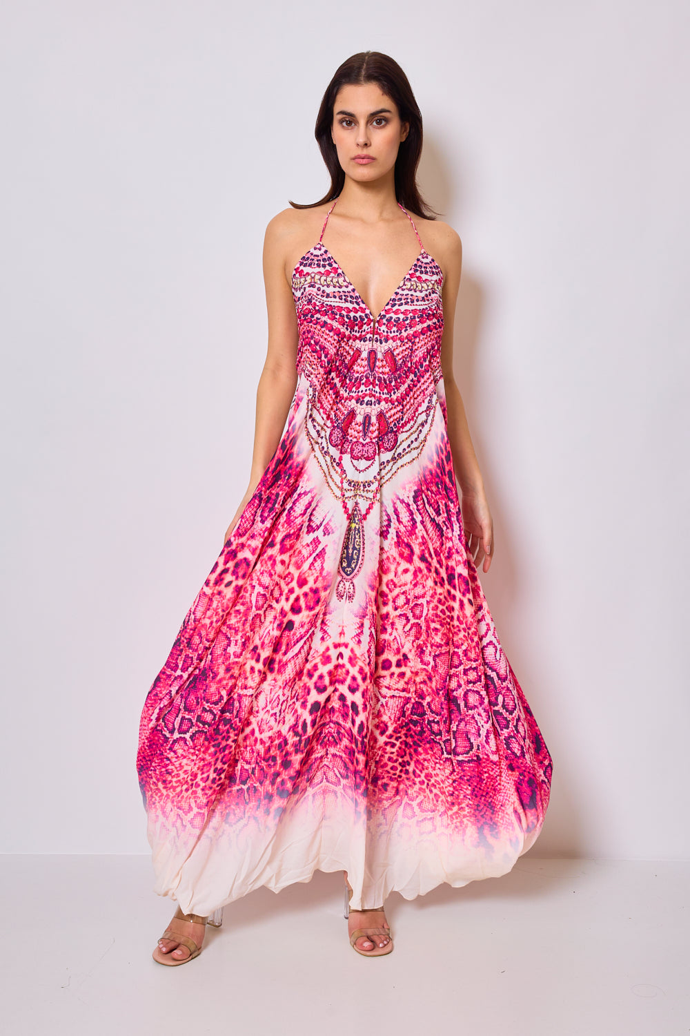 Long printed dress with rhinestones - 5509