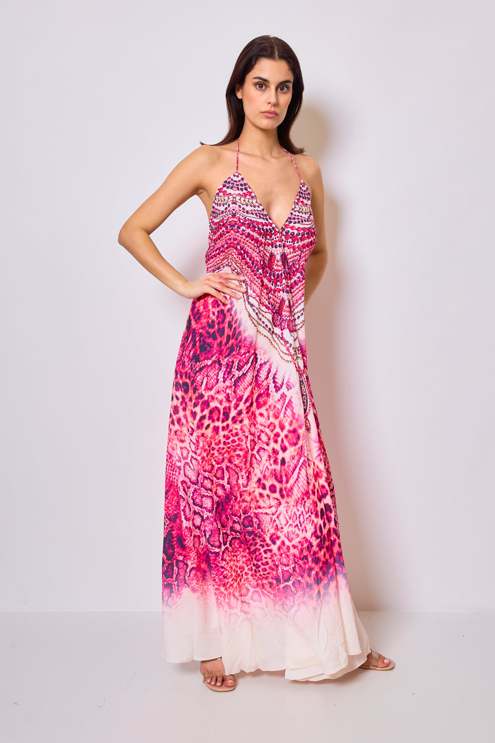 Long printed dress with rhinestones - 5509
