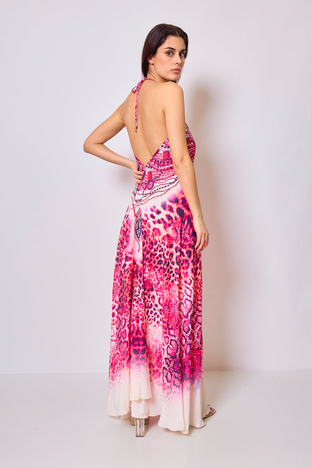 Long printed dress with rhinestones - 5509