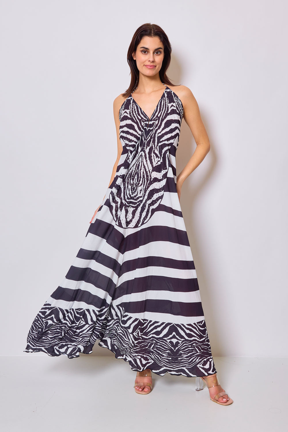 Long printed dress with rhinestones - 5503