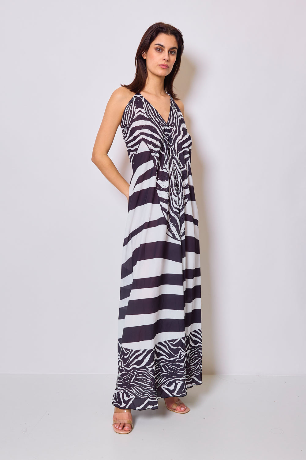 Long printed dress with rhinestones - 5503