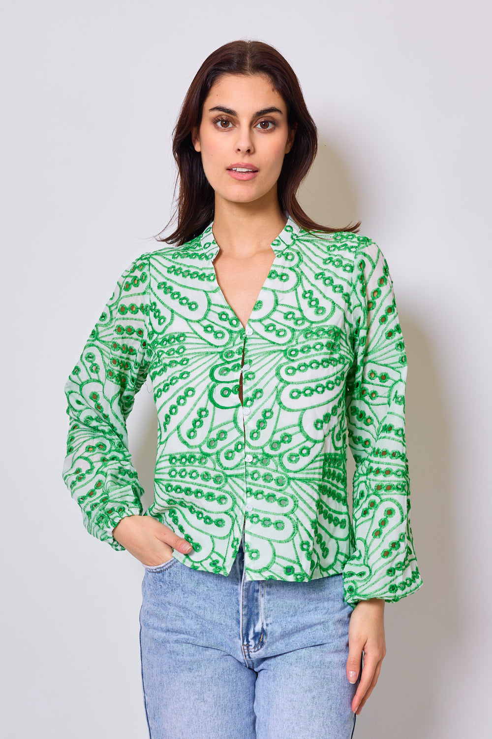 Printed shirt with English embroidery - 3054