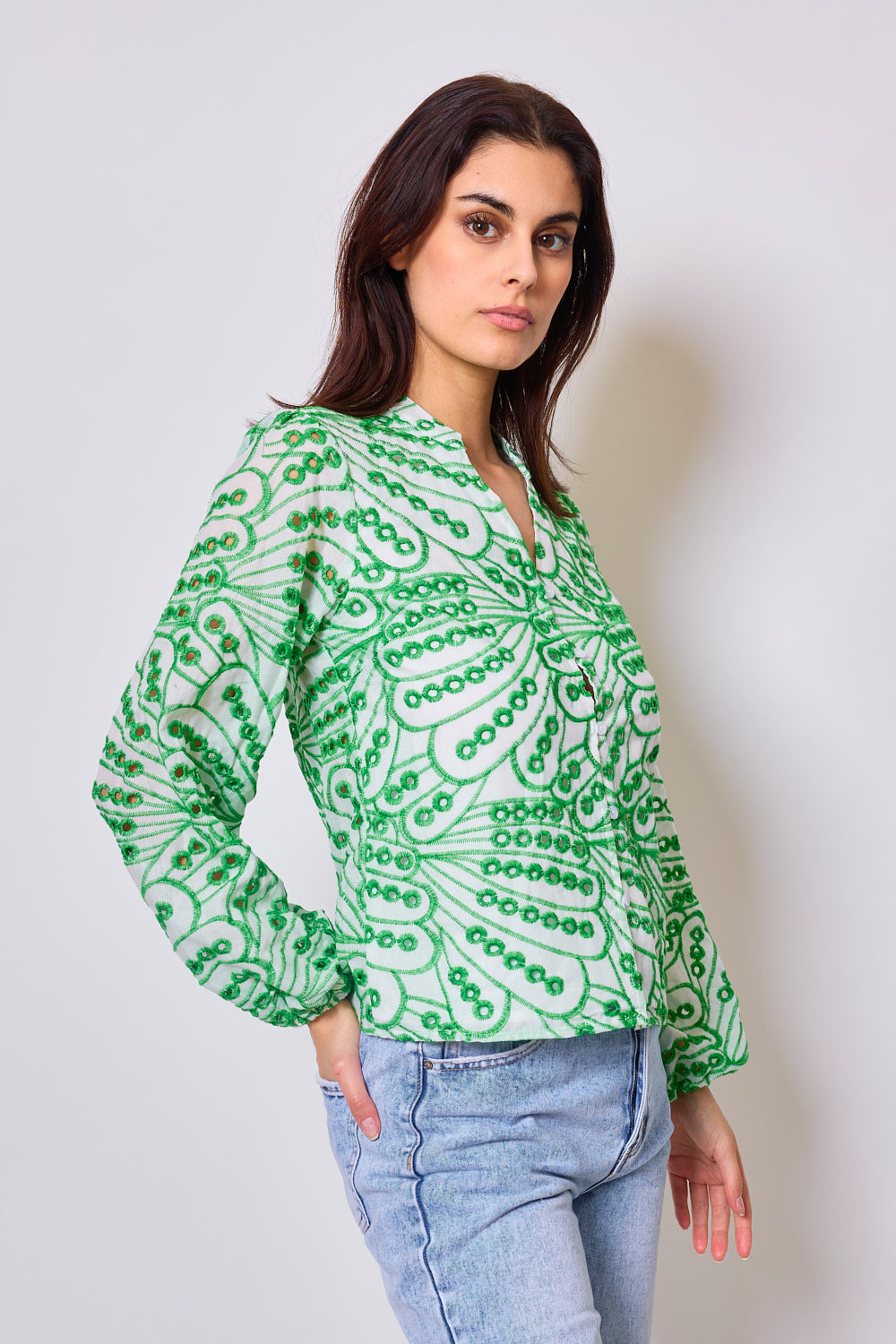 Printed shirt with English embroidery - 3054