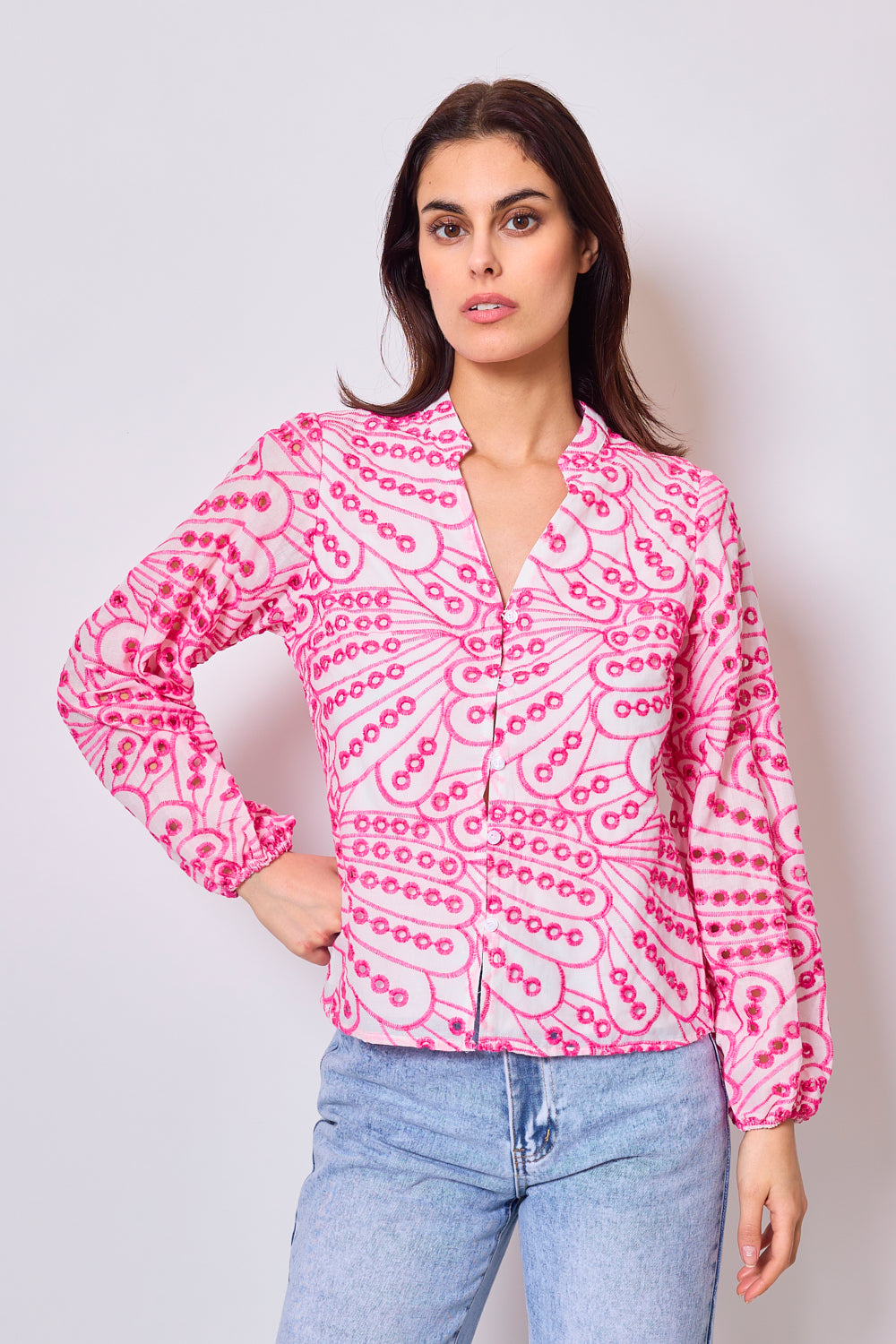 Printed shirt with English embroidery - 3054