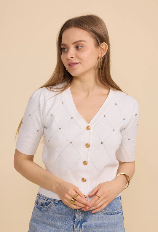 Top en maille fine orné de strass et de boutons dorés - 563