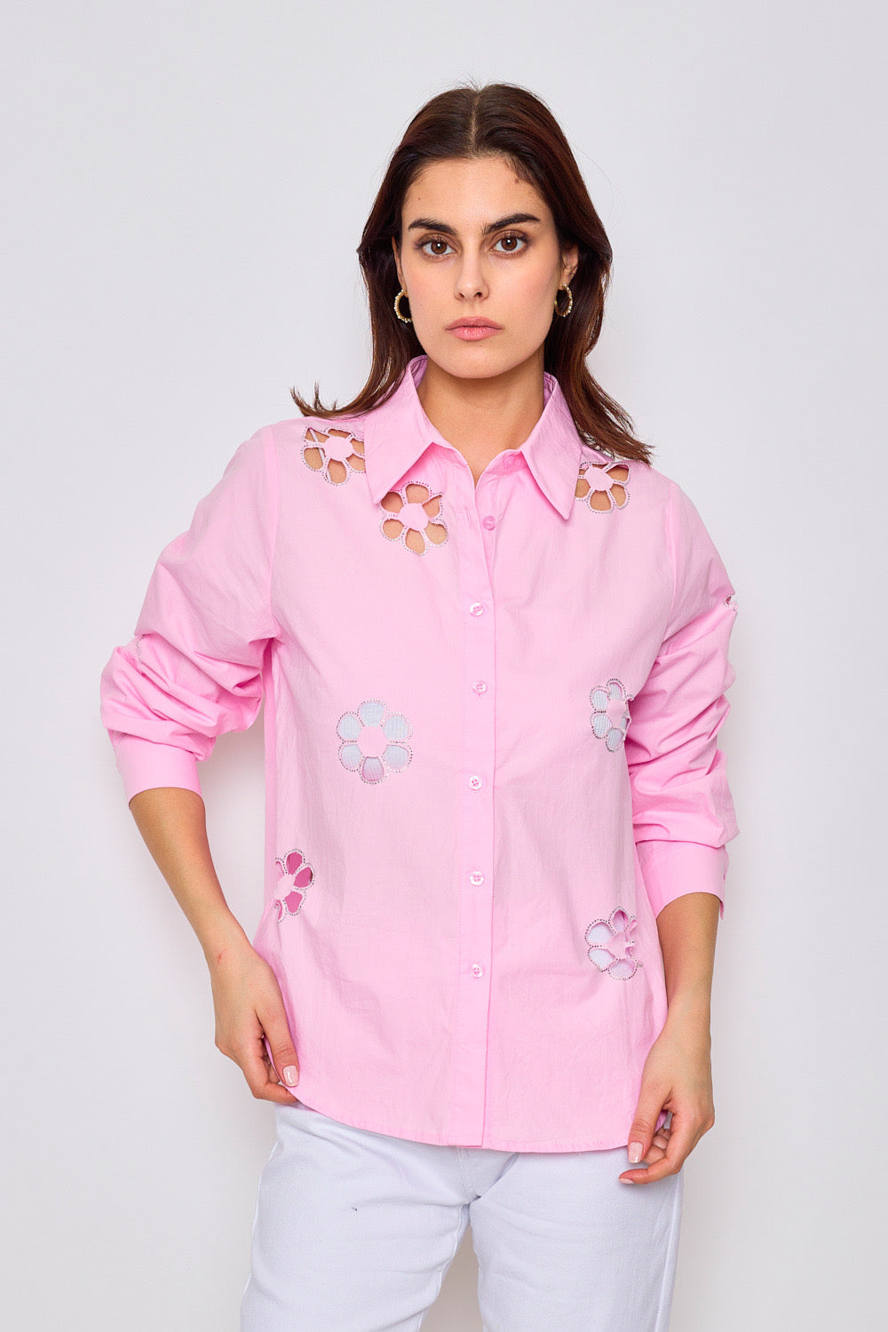 Cotton shirt with floral cotton details - 3073