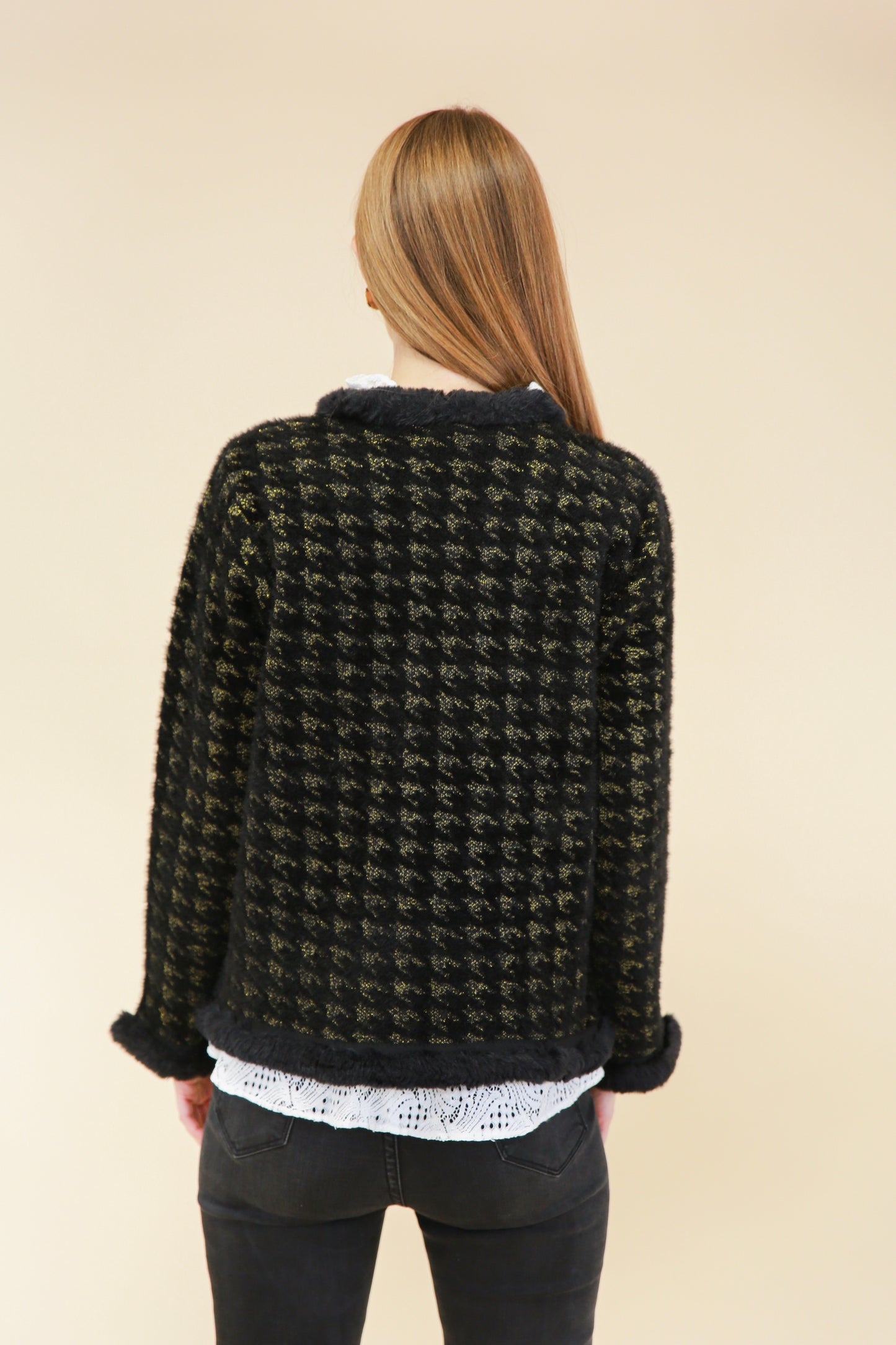 Cardigan à motif pied-de-poule avec finitions en fausse fourrure - 580