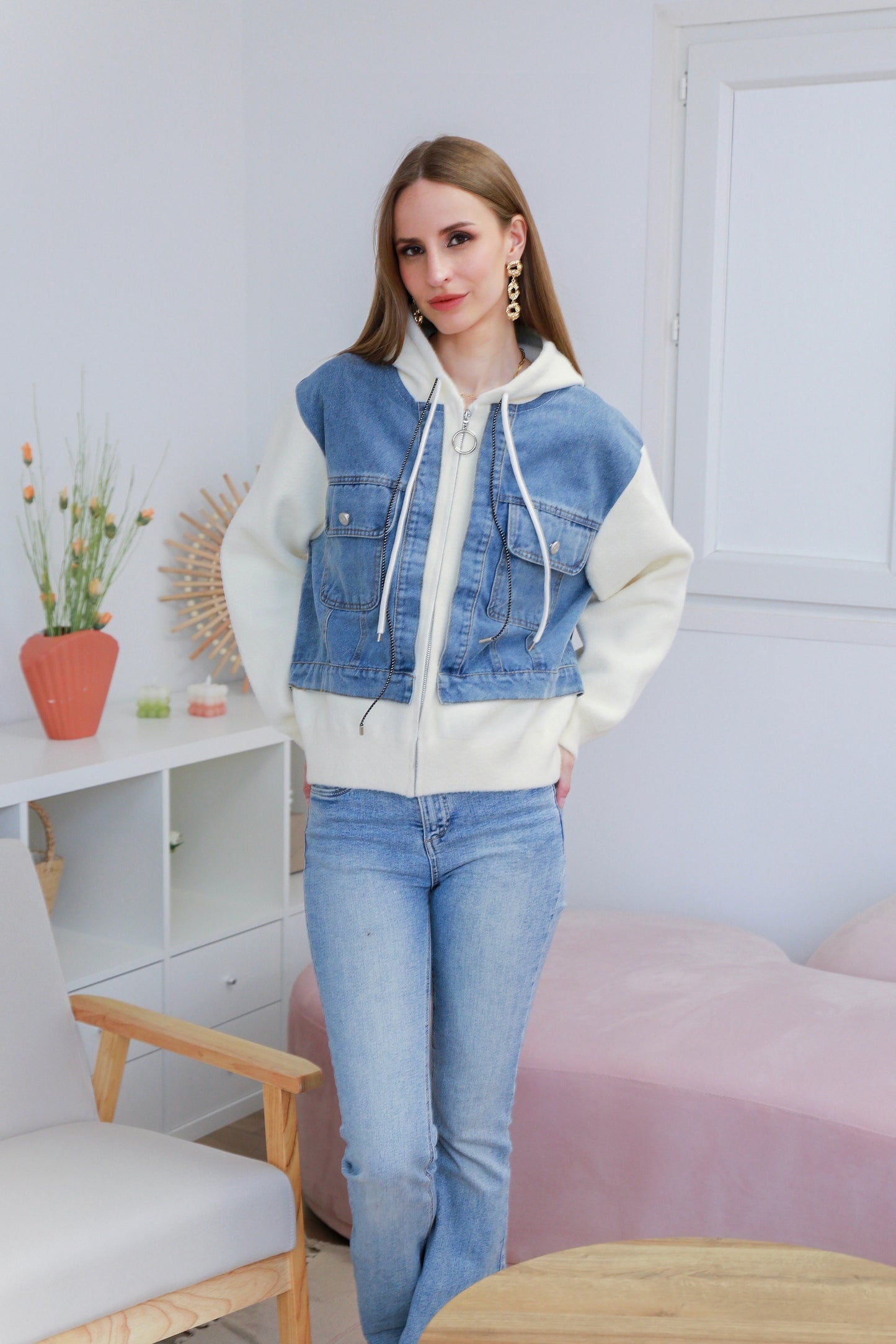 Gilet à capuche bi-matière avec denim - 2483