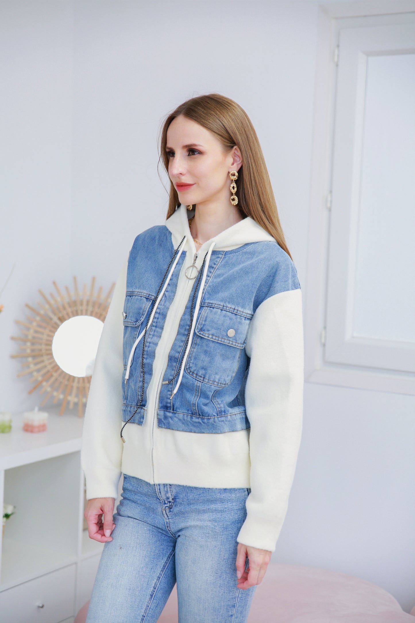 Gilet à capuche bi-matière avec denim - 2483