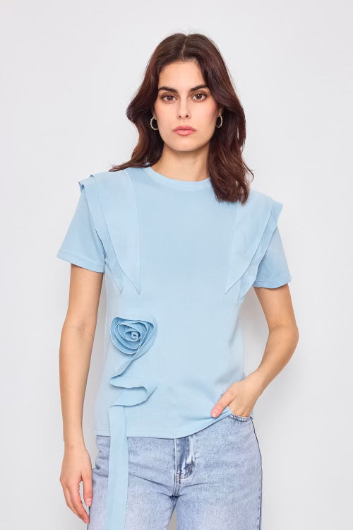 T-shirt décontracté  avec des volants et fleur en relief 4494