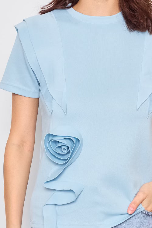 Casual T-shirt with ruffles and embossed flower - 4494