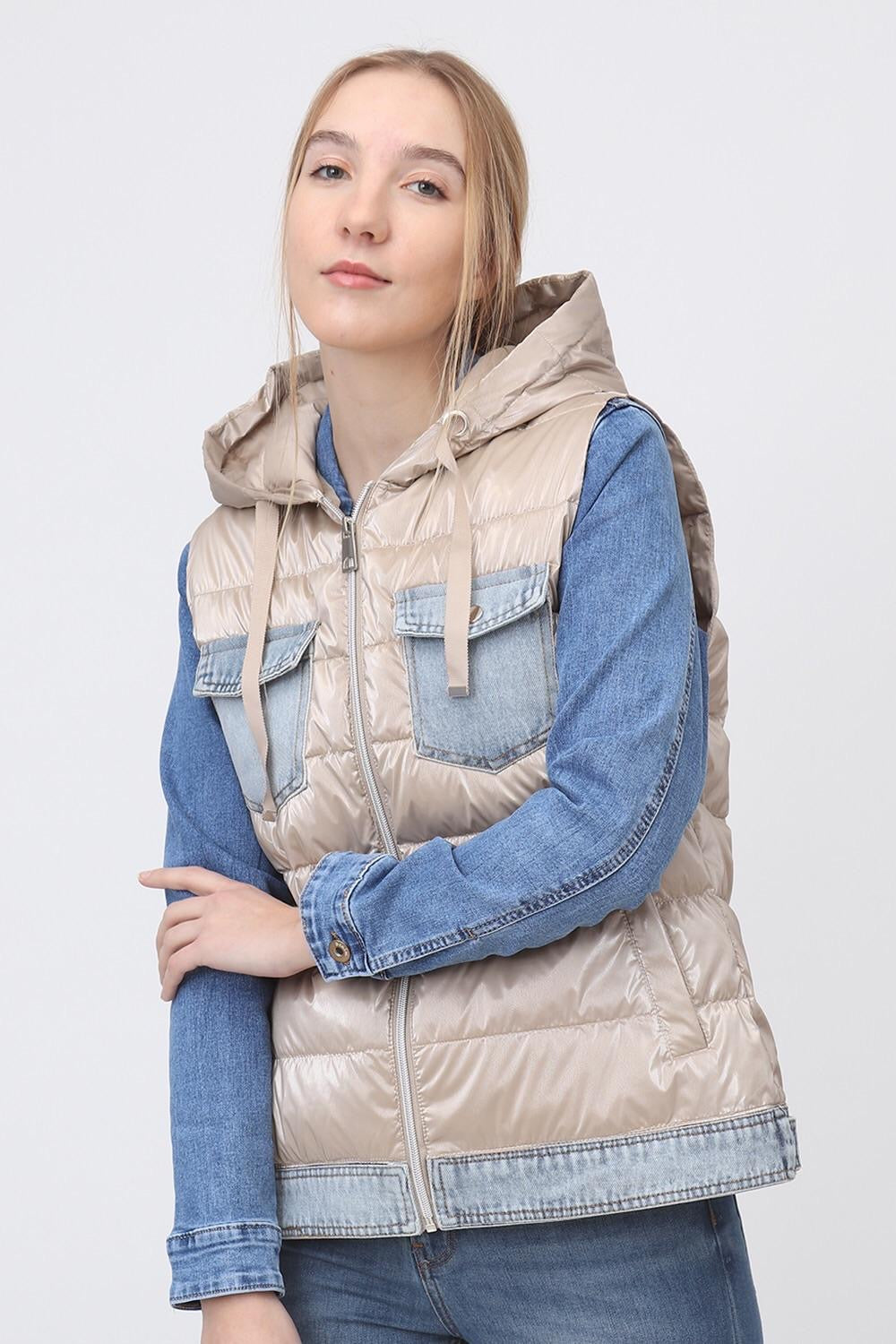 Sleeveless bi-material denim down jacket - 1795
