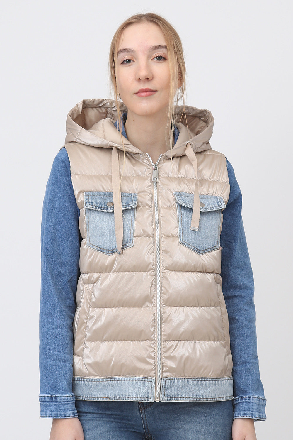 Sleeveless bi-material denim down jacket - 1795