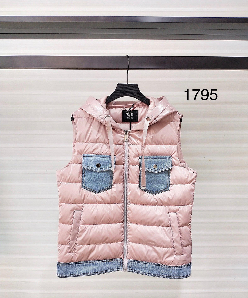 Sleeveless bi-material denim down jacket - 1795