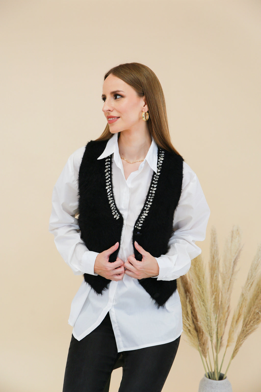 Ensemble chemise blanche et gilet sans manches avec strass - 2491