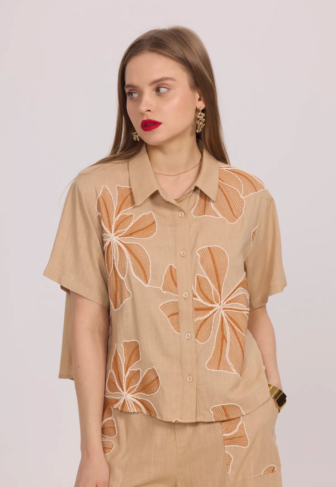 Chemise fleurie beige - 5608