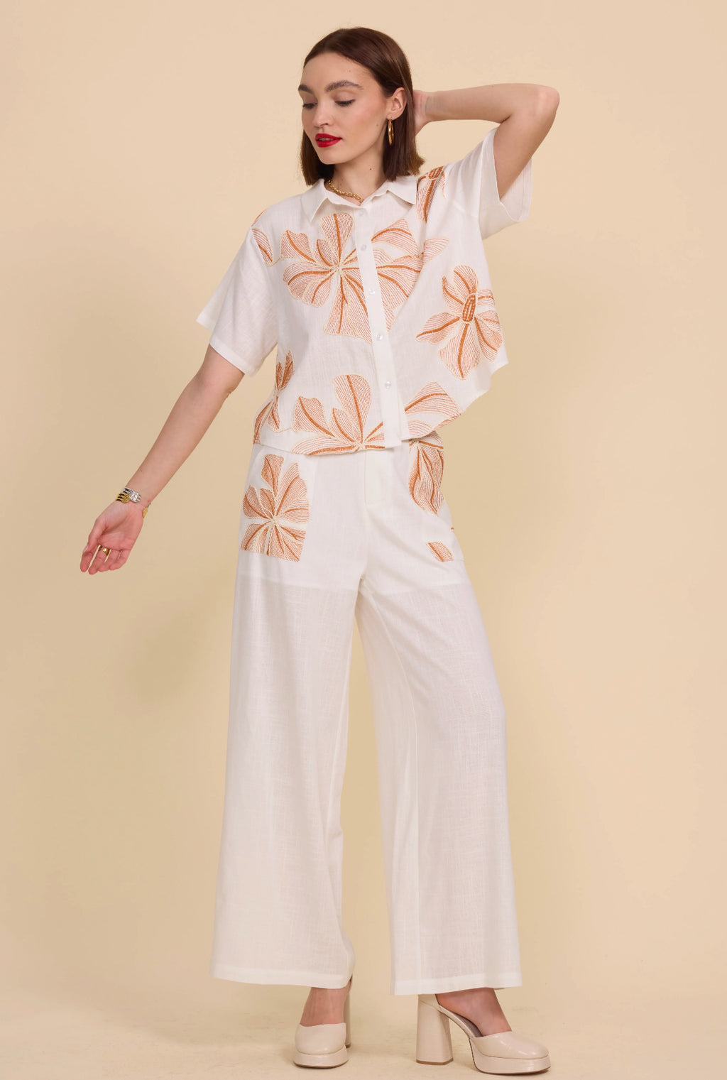 Chemise fleurie beige - 5608