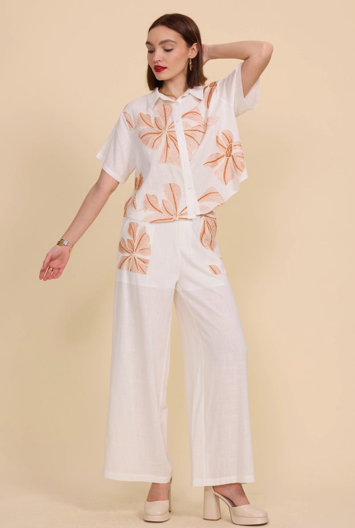 Chemise fleurie beige - 5608