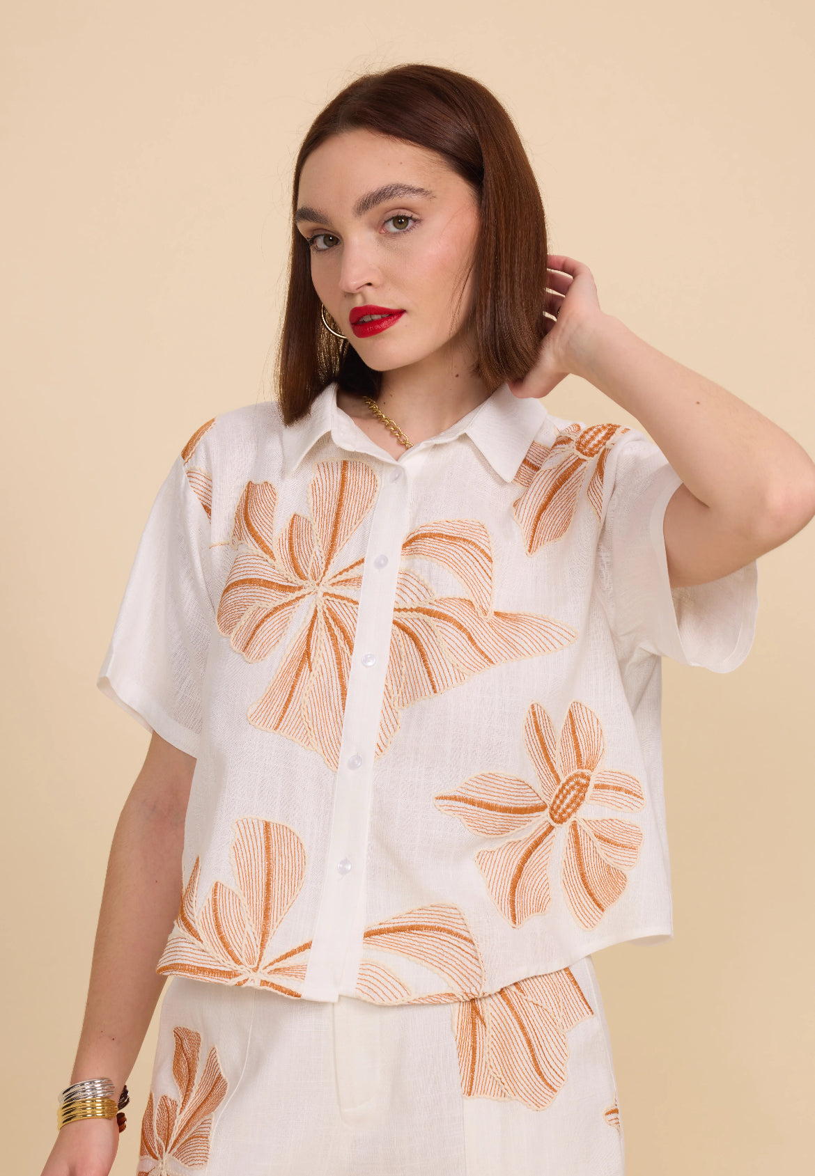 Chemise fleurie beige - 5608