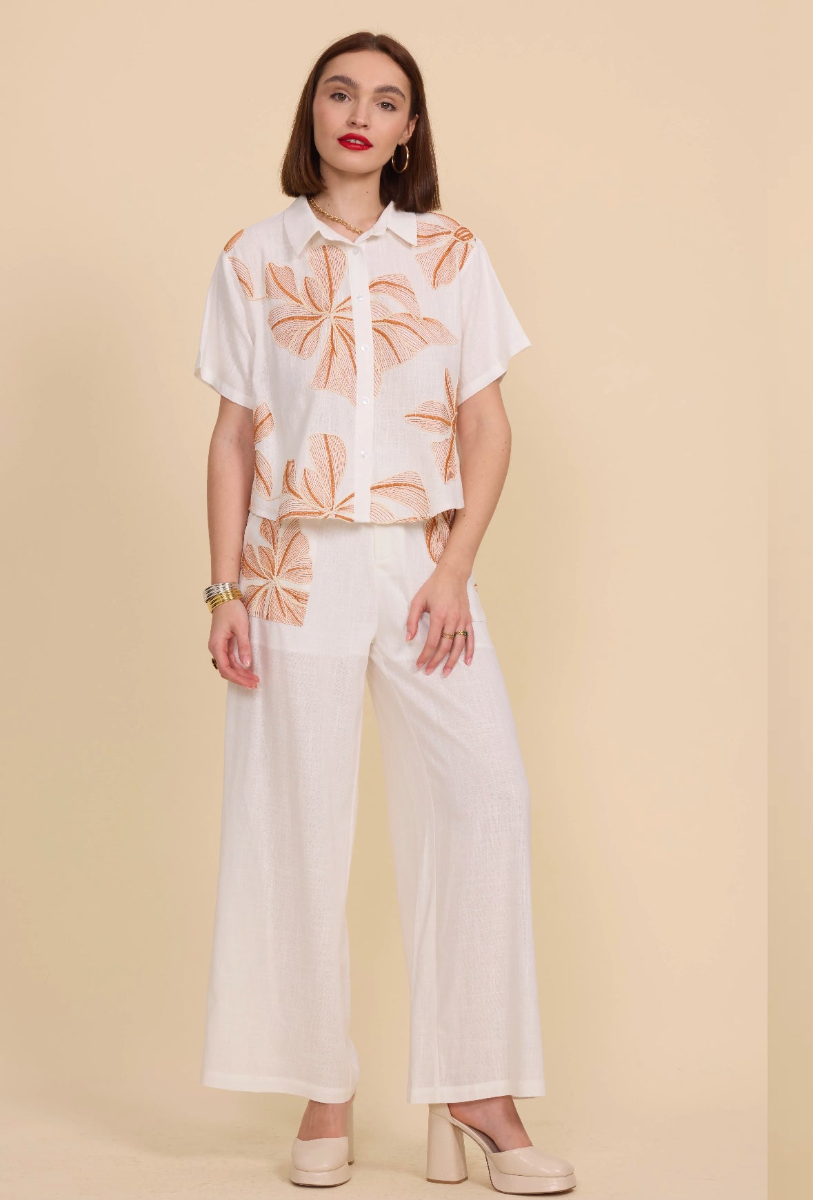 Chemise fleurie beige - 5608