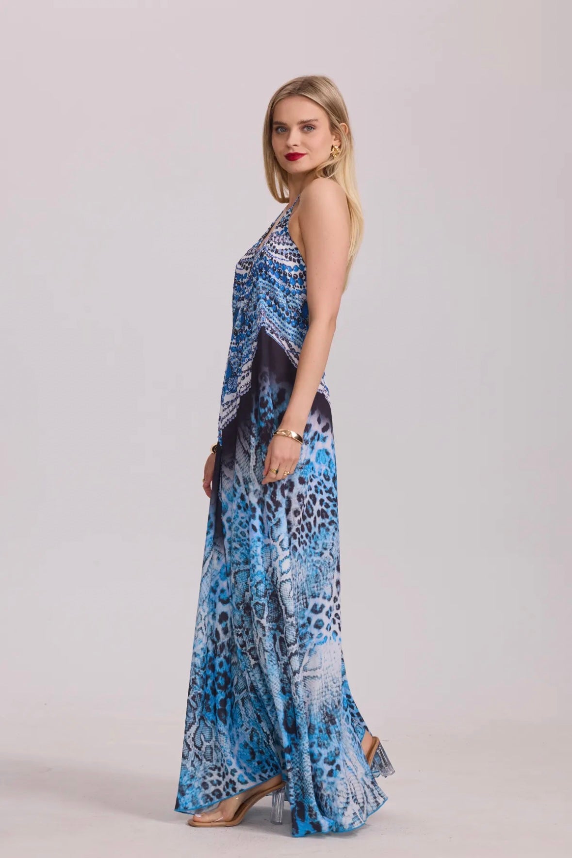 Long printed dress with rhinestones - 5511