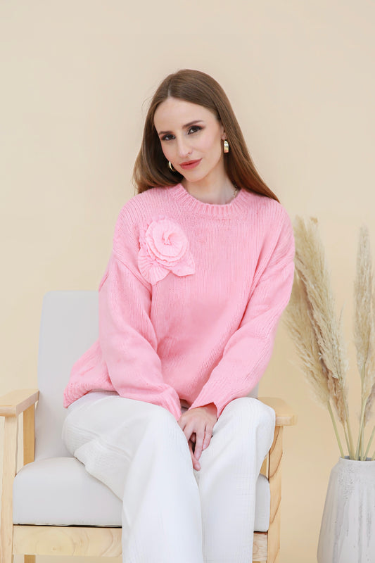 Pull doux au toucher avec fleurs en relief - 2656