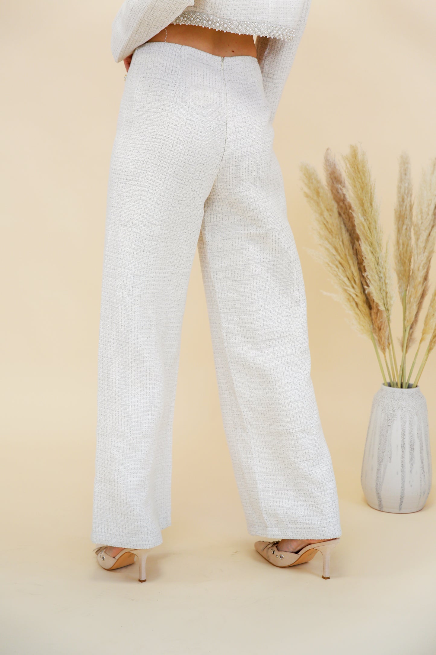 Pantalon Large en Tweed avec Boutons Perlés - 2553