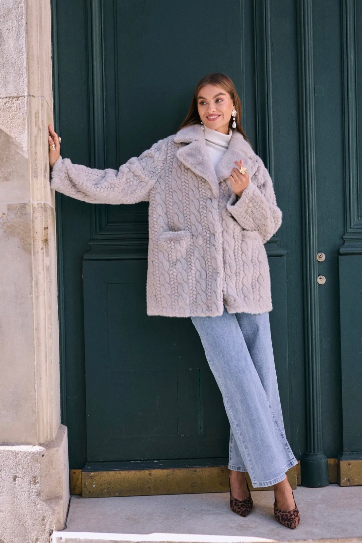 Manteau fausse fourrure effet maille torsadée - 2629