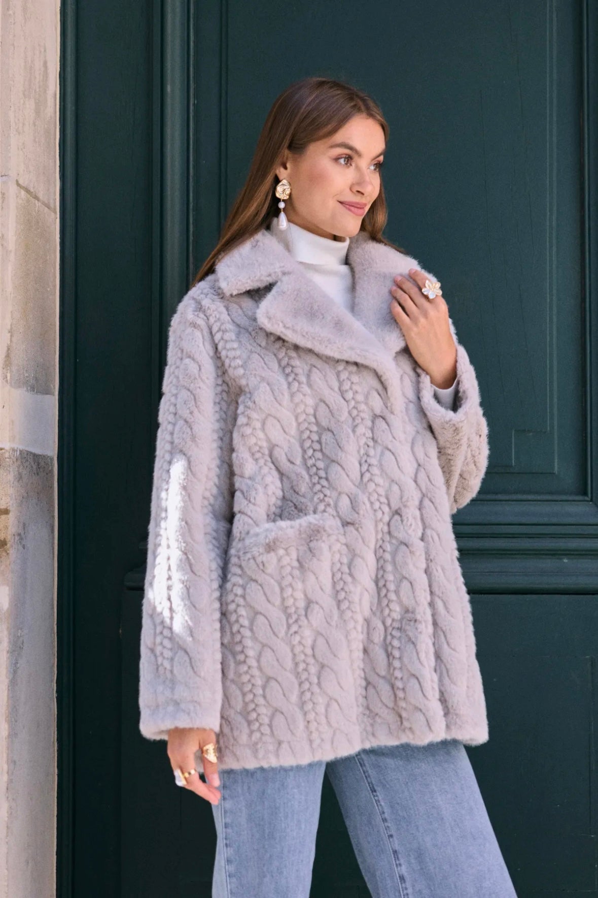 Manteau fausse fourrure effet maille torsadée - 2629