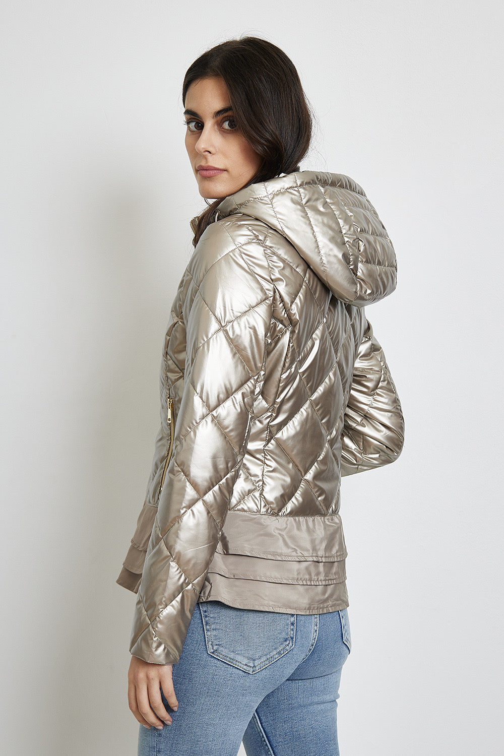 Shiny lightweight down jacket with ruffles and hood - 1816