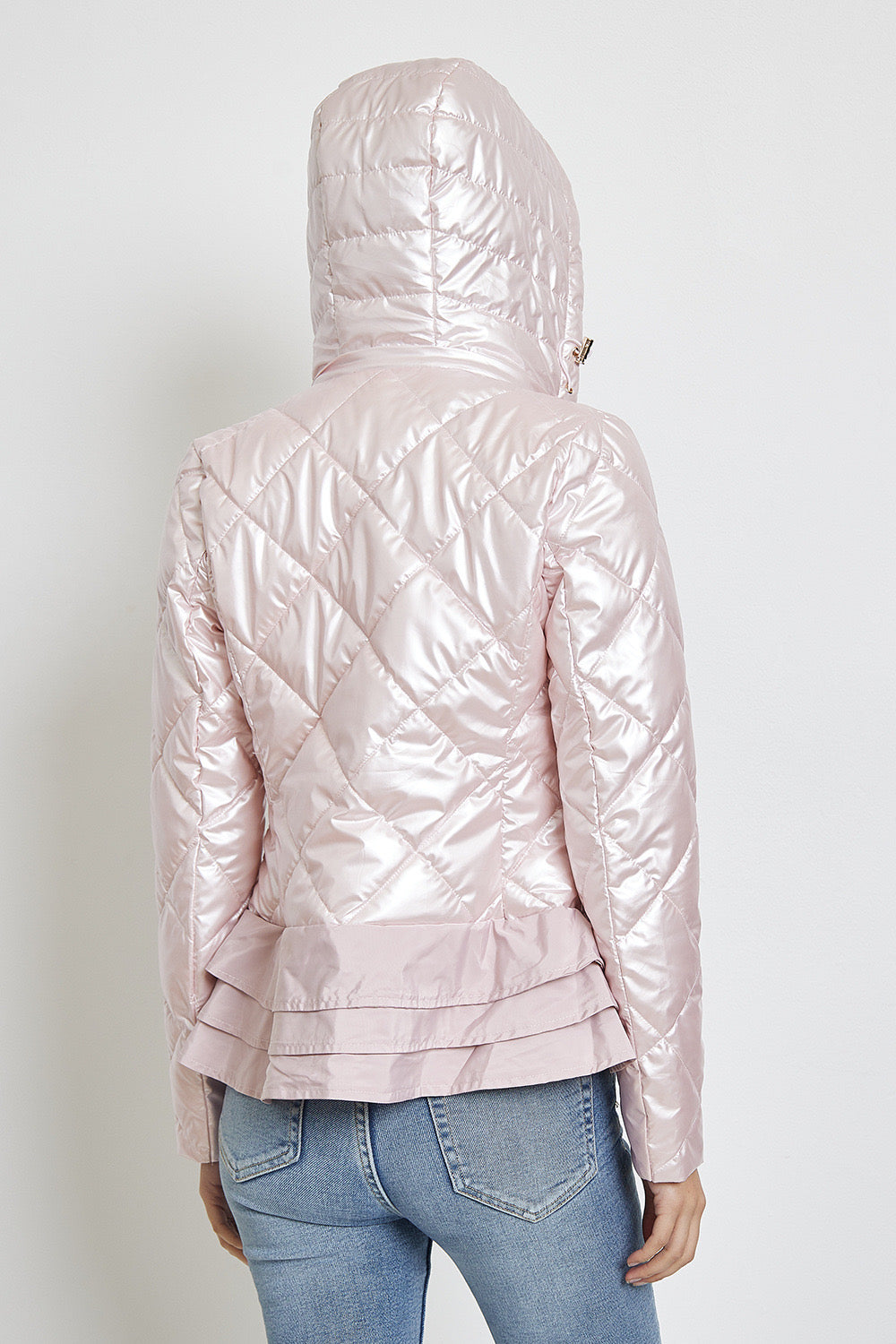 Shiny lightweight down jacket with ruffles and hood - 1816