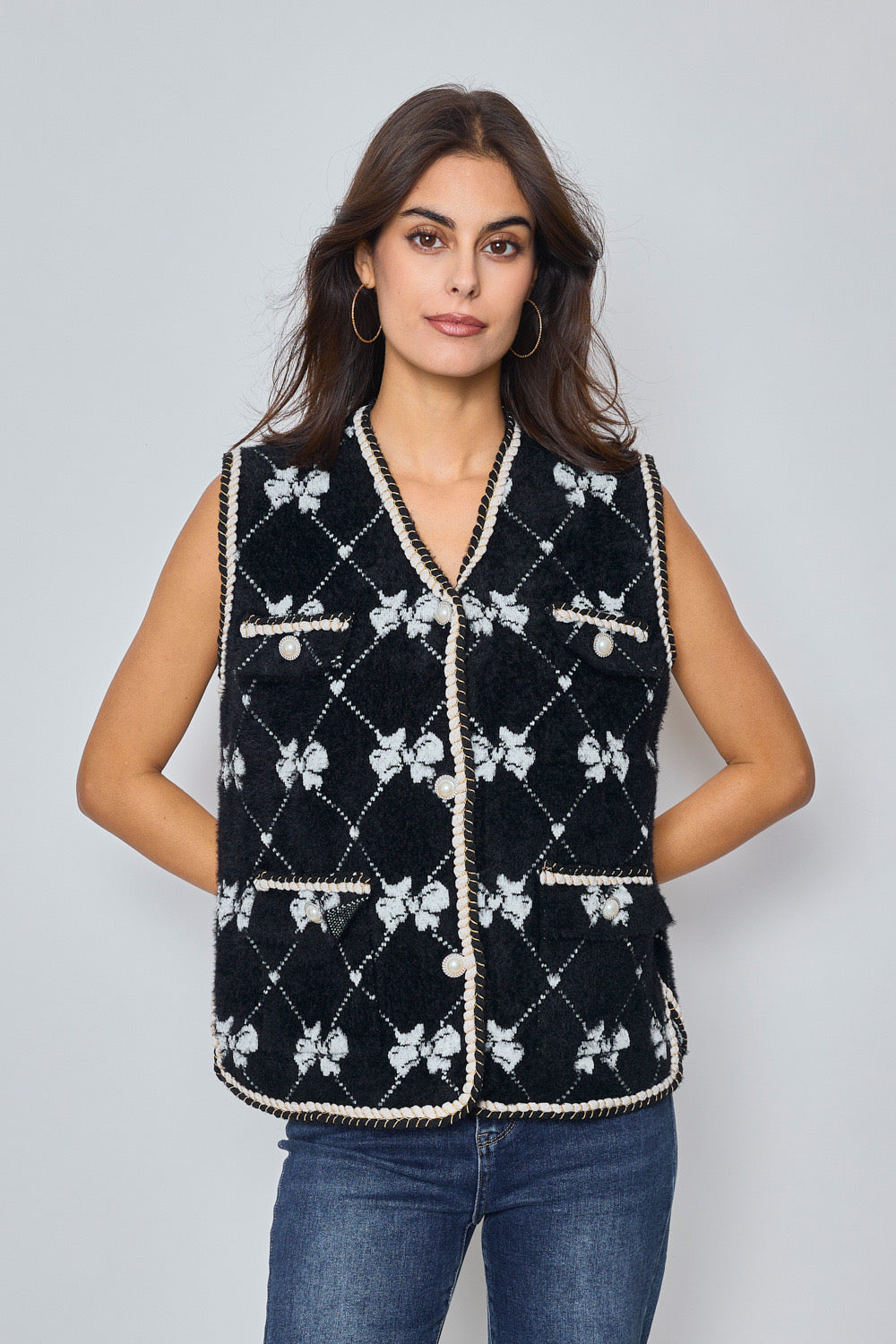 Gilet sans manches à motifs nœuds et détails perles - 543