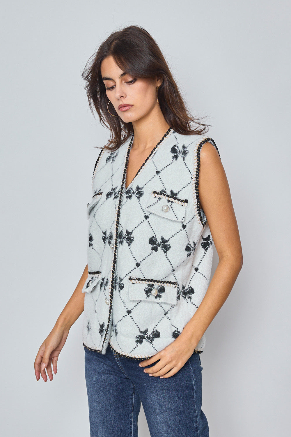 Gilet sans manches à motifs nœuds et détails perles - 543