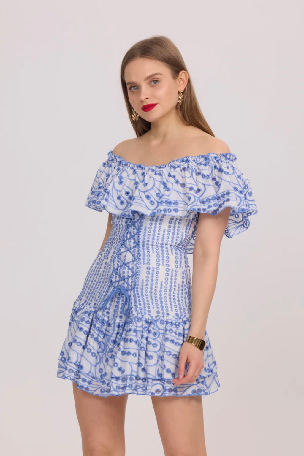 Off-the-shoulder short dress with openwork embroidery - 3082