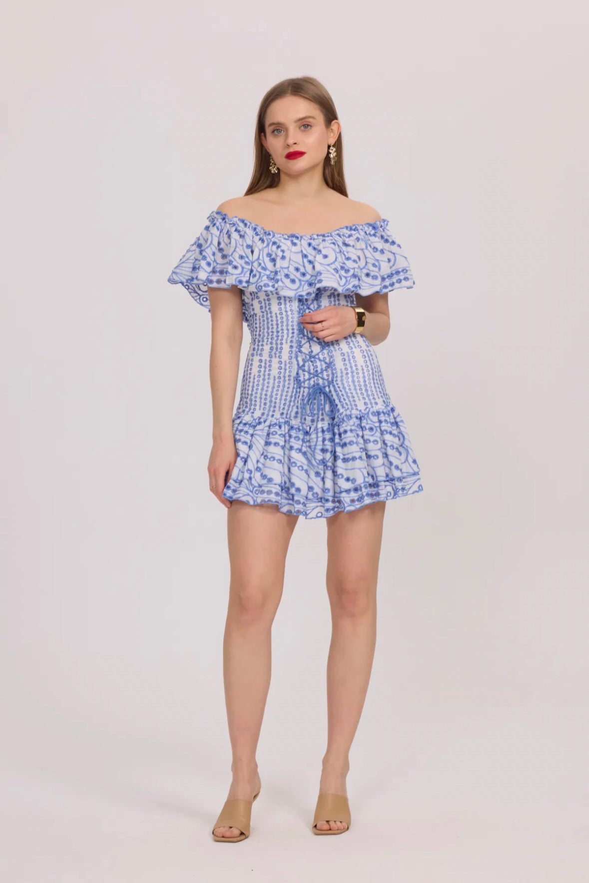 Off-the-shoulder short dress with openwork embroidery - 3082