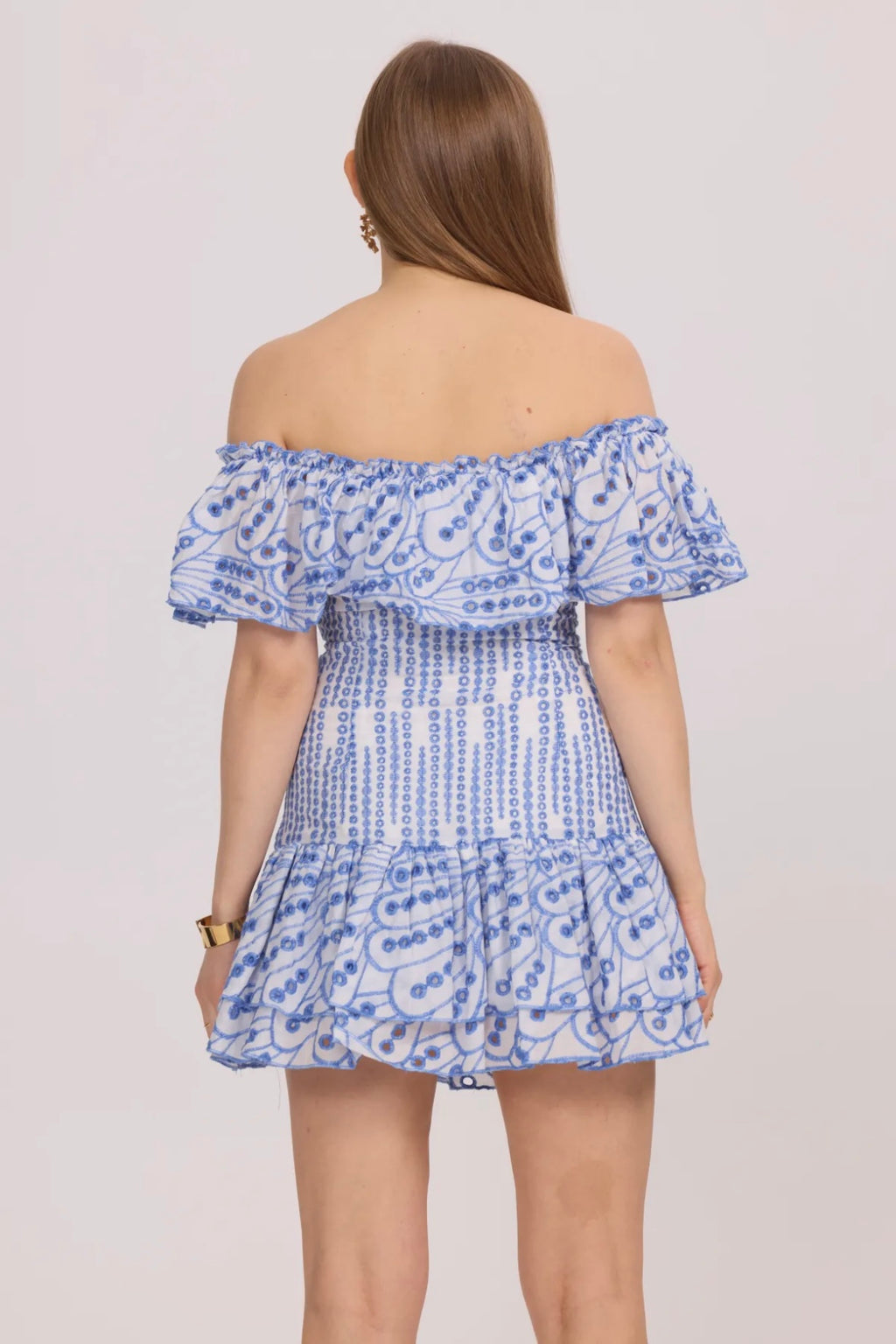 Off-the-shoulder short dress with openwork embroidery - 3082