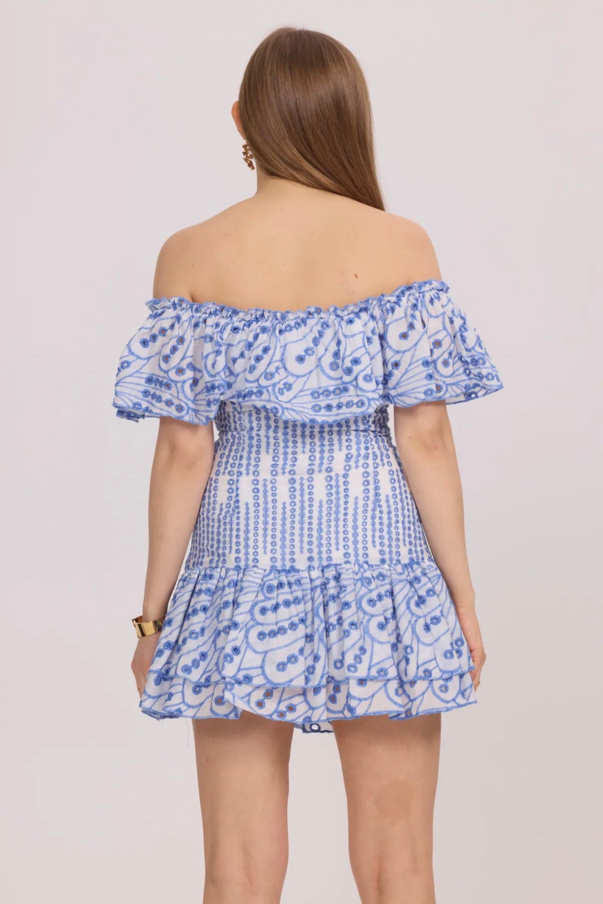 Off-the-shoulder short dress with openwork embroidery - 3082