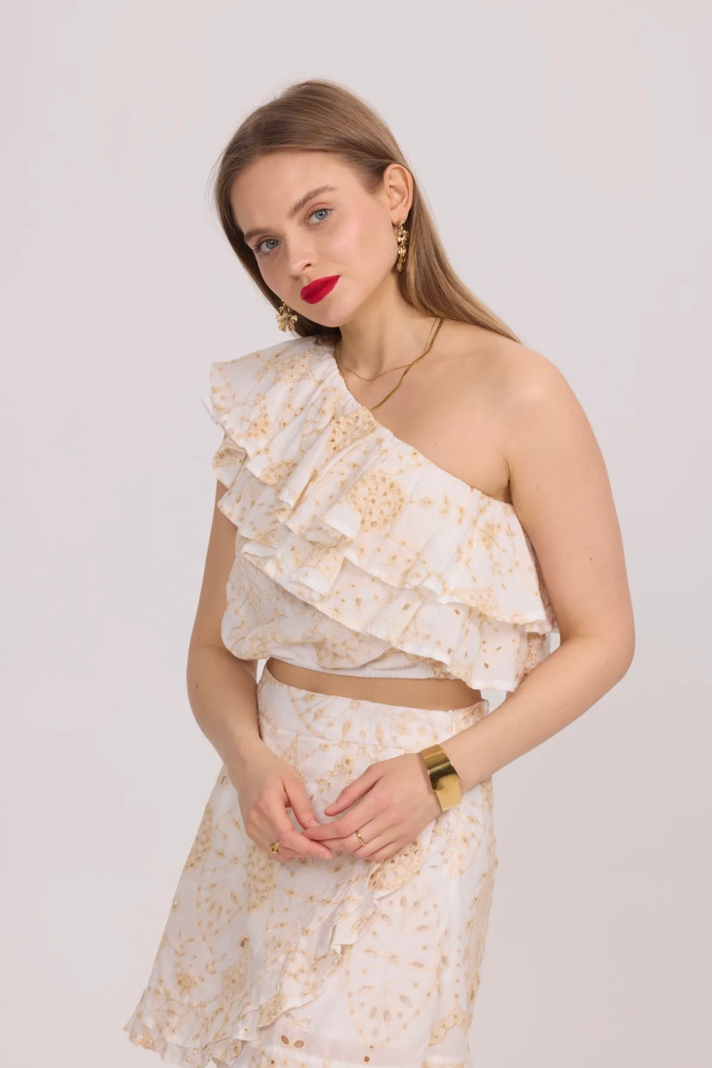 Asymmetrical Ruffled Embroidered Top - 3037