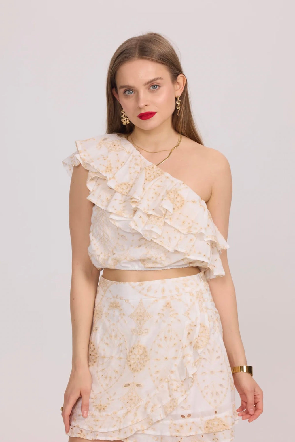 Asymmetrical Ruffled Embroidered Top - 3037